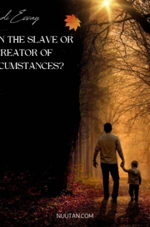 Illustration of a sculptor carving himself out of rock, representing Man Creator of Circumstances Essay Hindi